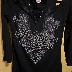 Harley Davidson Black Rhinestone Detail Lace-Up Top